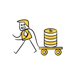 businessman pulling trolley with stack of money,finance concept stick figure design