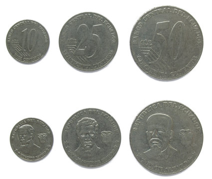 Set of 3 (three) Ecuadorian 10, 25, 50 Centavos stainless steel coins lot 2000 year, Ecuador. The coins feature a portraits of famous Ecuadorians: Eugenio Espejo, Jose Joaquin de Olmedo, Eloy Alfaro.