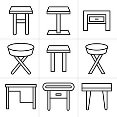 desk, table and chair icons set, line design