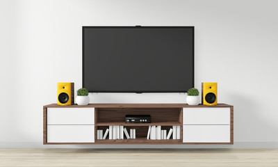 TV on Cabinet Wooden design in modern empty room Japanese - zen style,minimal designs. 3D rendering