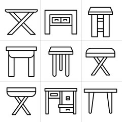 desk, table and chair icons set, line design