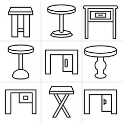 desk, table and chair icons set, line design