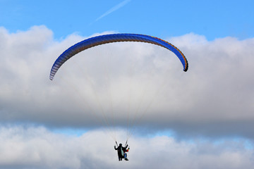 Tandem Paraglider flying blue wing