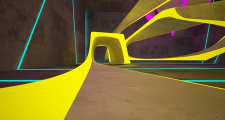 Abstract architectural concrete smooth interior of a minimalist house with color gradient neon lighting. 3D illustration and rendering.