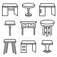 desk, table and chair icons set, line design