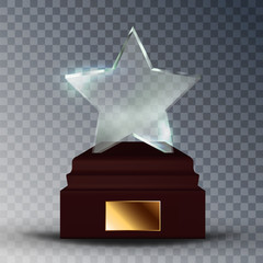 Modern Glass Trophy Award In Star Form Vector. Concept Of Glossy Trophy On Wooden Pedestal With Blank Golden Plate. Premium Prize Reward For Actor And Singer Template Realistic 3d Illustration