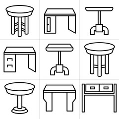 desk, table and chair icons set, line design