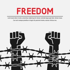 Fighting for freedom concept. Hands clenched into fist behind barbed wire - obrazy, fototapety, plakaty