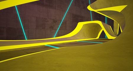 Abstract architectural concrete smooth interior of a minimalist house with color gradient neon lighting. 3D illustration and rendering.