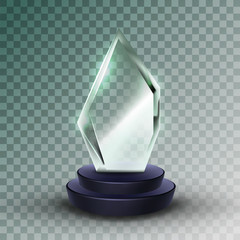 Shiny Acrylic Material Sport Trophy Award Vector. Concept Of Glossy Blank Trophy On Plastic Pedestal. Premium Prize For Champion Winner On Grand Prix Championship Template Realistic 3d Illustration