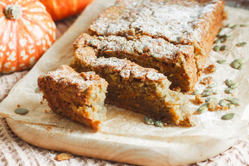 Pastry. Pumpkin muffin with cinnamon and seeds for breakfast