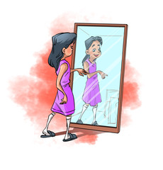 girl in a purple suit is looking at herself in the mirror.