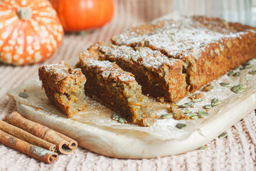 Pastry. Pumpkin muffin with cinnamon and seeds for breakfast