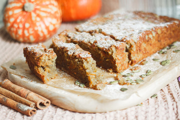 Pastry. Pumpkin muffin with cinnamon and seeds for breakfast