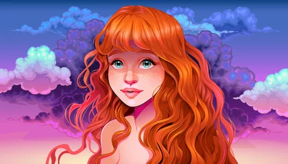 Foto op Plexiglas Meisje met rood haar en sproeten in de zonsondergang © ddraw