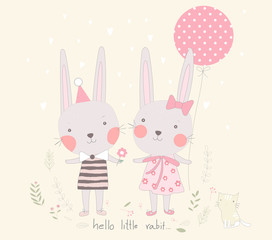 Obraz na płótnie Canvas Cute vector illustration of baby rabbit sweetheart with balloon cartoon. Hand drawn cartoon style