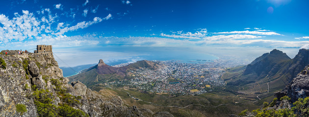 Panoramic view of Cape Town, Lion's Head and Signal Hill from the top of Table Mountain.