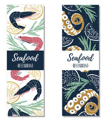 Seafood restaurant or market vector banners template. Vertical design elements for menu, banner, flyer.
