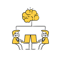 businessman working on computer and brain artificial intelligence concept icon yellow stick figure