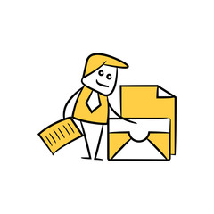 businessman standing next to mail and document yellow stick figure design