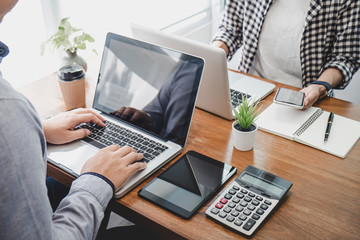 Business casual manager presenting and discussing company growth project success financial statistics, professional investor working start up project for strategy plan with document