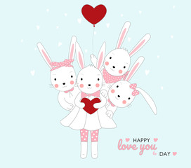 Cute vector illustration of baby rabbit holding red heart. Animal cartoon hand drawn style