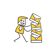 businessman and envelopes yellow stick figure design