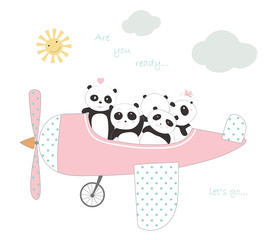 The cute panda baby with the plane to travel on holiday. cartoon sketch animal style