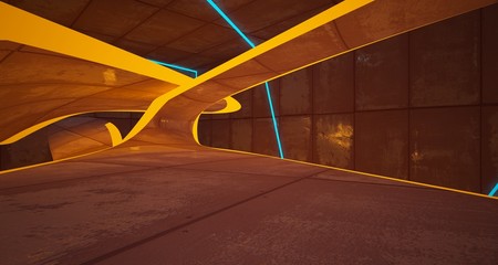 Abstract  Concrete Futuristic Sci-Fi interior With Yellow And Blue Glowing Neon Tubes . 3D illustration and rendering.