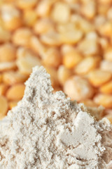 Close up picture of pea protein powder with yellow split peas in background, shallow depth of field.