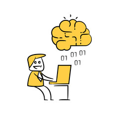 businessman and smart brain icon for artificial intelligence concept yellow stick figure
