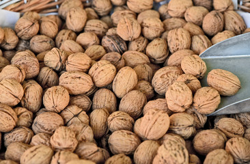 A lot of Walnuts group in the box for sell in market with Feed Scoop