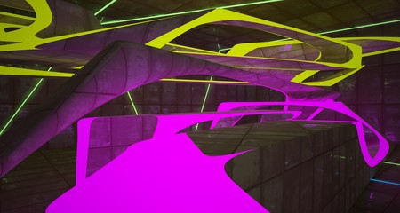 Abstract  Concrete Futuristic Sci-Fi interior With Pink And Yellow Glowing Neon Tubes . 3D illustration and rendering.