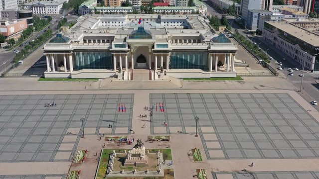 Aerial view of Sukhbaatar Square in center of Ulaanbaatar city, capital of Mongolia, 4k
