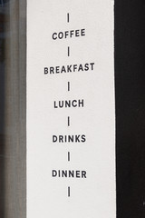 View of coffee, breakfast, lunch, drinks, dinner sign