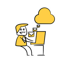 businessman receiving emails from cloud server yellow stick figure design