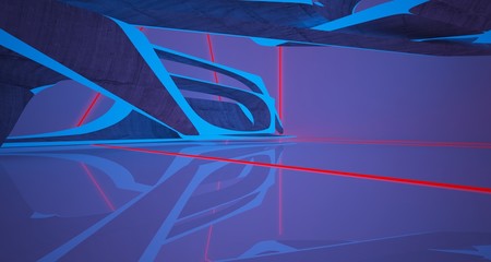 Abstract architectural concrete smooth interior of a minimalist house with color gradient neon lighting. 3D illustration and rendering.