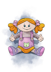 Rag doll toy. Hands open with hair gathered on two sides