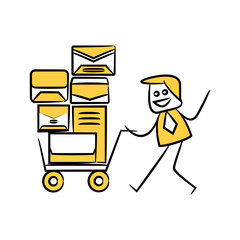 businessman carry mails on trolley yellow stick figure design