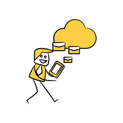 businessman sending emails on cloud yellow stick figure design