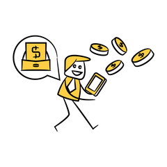 businessman using mobile phone payment concept yellow stick figure design