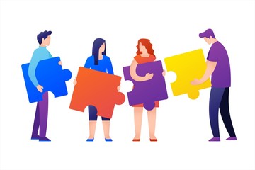 Obraz premium People connecting puzzle elements. Symbol of teamwork, cooperation, partnership, bussiness concept.