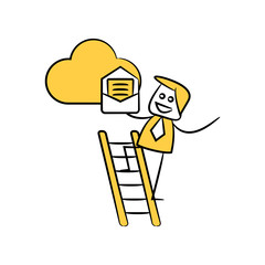 businessman holding mail on ladder and cloud yellow stick figure design