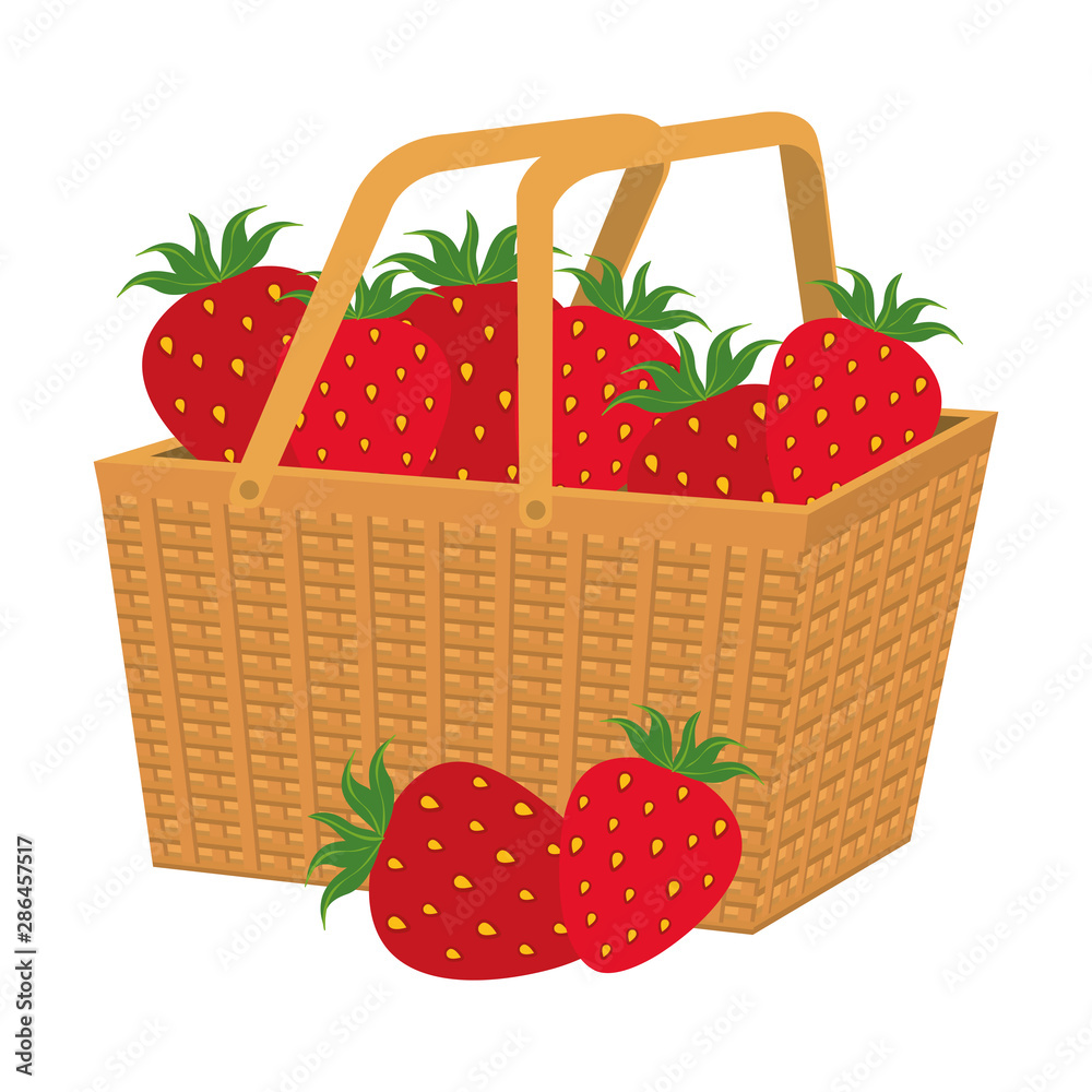 Poster fresh strawberries fruits in basket straw