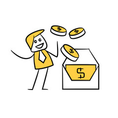 businessman standing near by money mail yellow stick figure design