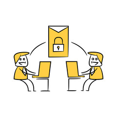 businessman using laptop sending email security yellow stick figure design
