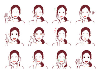 Young asian woman face vector illustration set / smile, troubled, acne, headache, cleansing, thumb up, ok sign etc. 