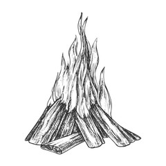 Traditional Burning Bonfire Monochrome Vector. Hiking Fiery Wooden Sticks Bonfire Fireplace. Hot Forks Of Flame And Wood Timber Hand Drawn In Retro Style Black And White Illustration