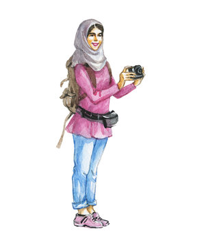Watercolor traveling arabian girl