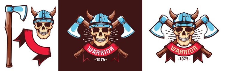 Warrior logo with skull in Viking helmet and crossed battle axes. Vector illustration.